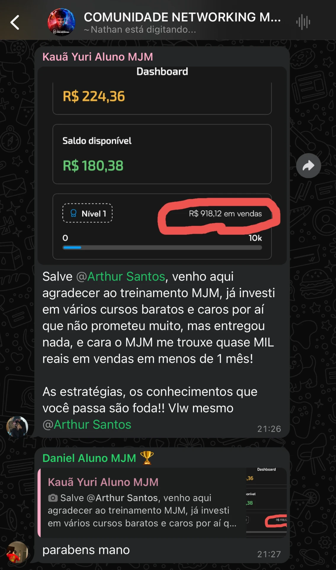 Print 1 - Registro compartilhado por aluno da MJM